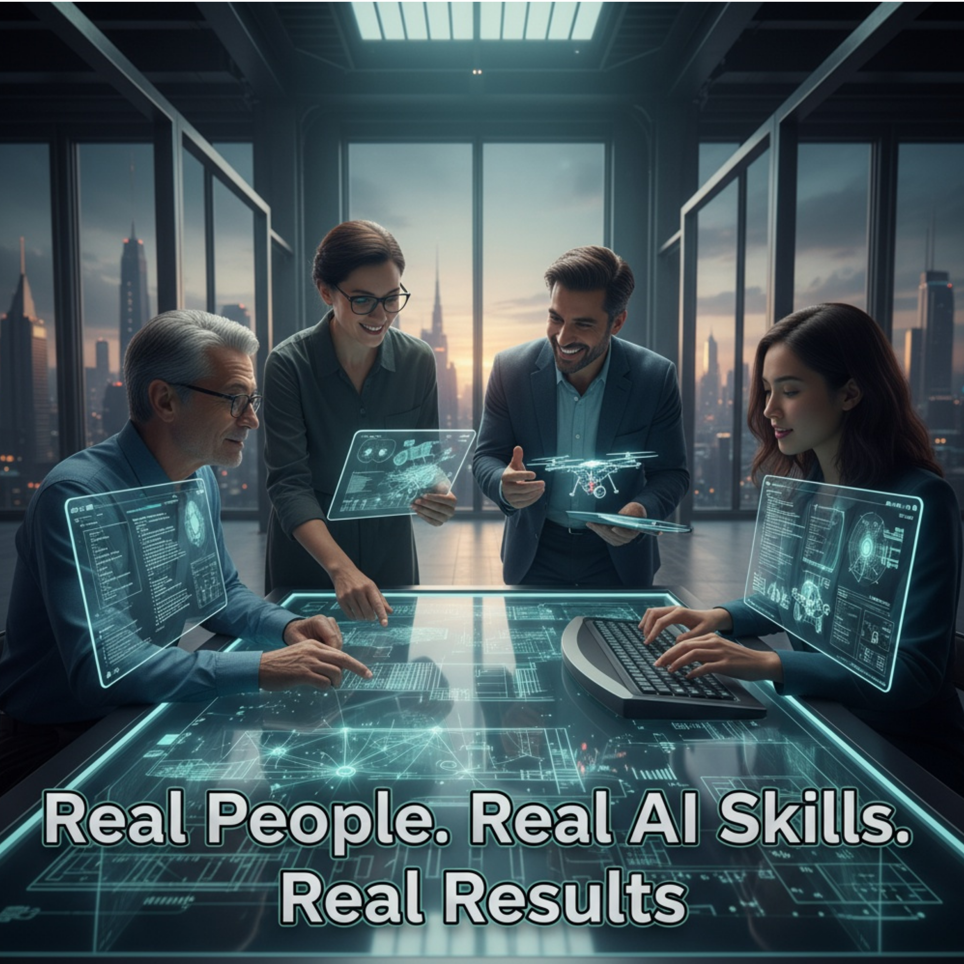 Group of people working at a futuristic desk with digital interfaces, text overlay 'Real People. Real AI Skills.