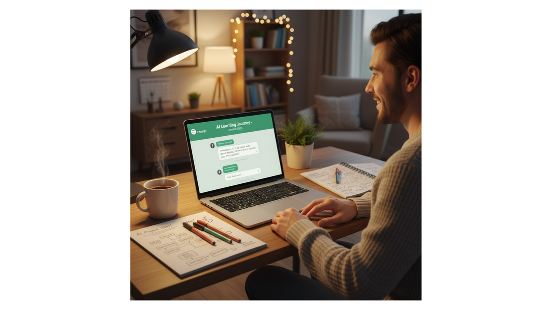 Person learning AI on laptop with ChatGPT, friendly and approachable